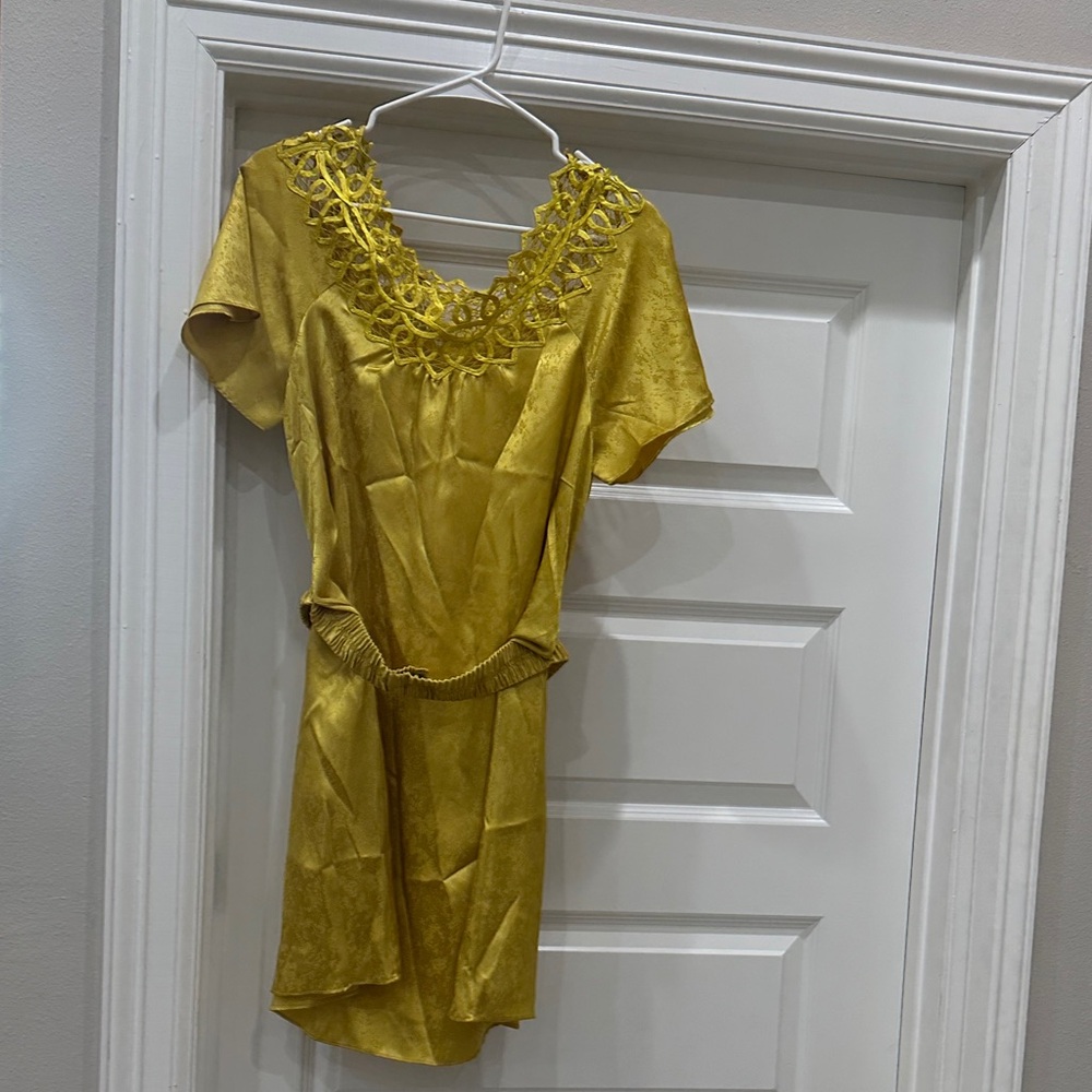 Gianni Bini Gold Short Sleeve Dress with Lace Detail